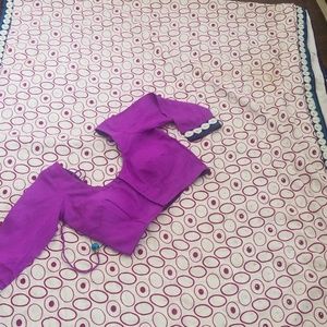 Cream Saree with Purple Blouse - Elegant Puff Sleeve Top